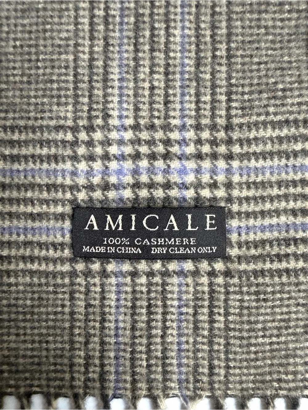 Amicale Cashmere Scarf Glen Plaid Taupe Beige Blue Fringe 12x64  Men's Women's